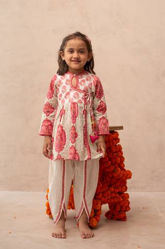 Pink cotton printed angrakha dhoti