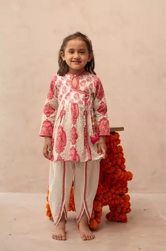 Pink cotton printed angrakha dhoti