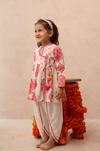 Pink cotton printed angrakha dhoti