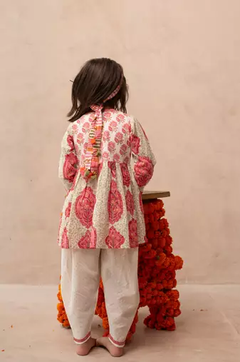 Pink cotton printed angrakha dhoti
