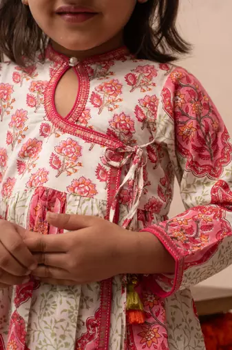Pink cotton printed angrakha dhoti