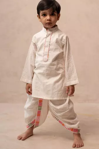 White cotton printed kurta dhoti