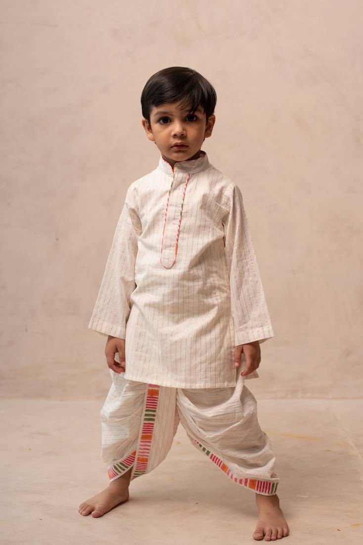 White cotton printed kurta dhoti