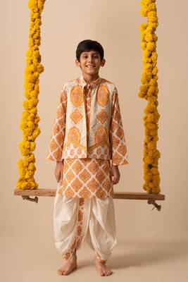 Yellow cotton printed jacket kurta pant 1
