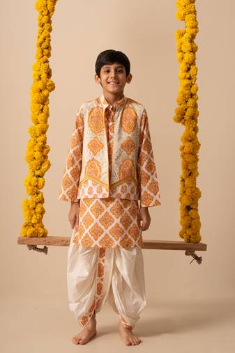 Yellow cotton printed jacket kurta pant