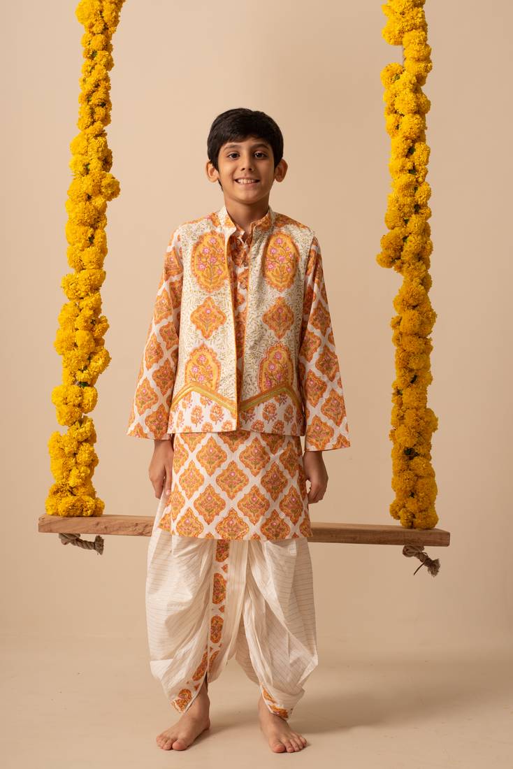 Yellow cotton printed jacket kurta pant