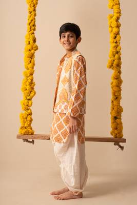 Yellow cotton printed jacket kurta pant 2