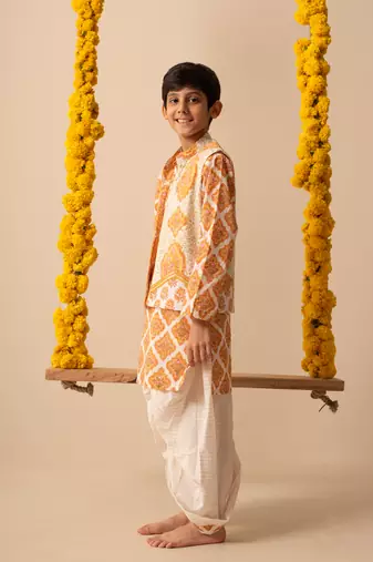 Yellow cotton printed jacket kurta pant