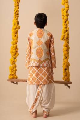 Yellow cotton printed jacket kurta pant 3