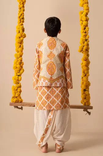 Yellow cotton printed jacket kurta pant