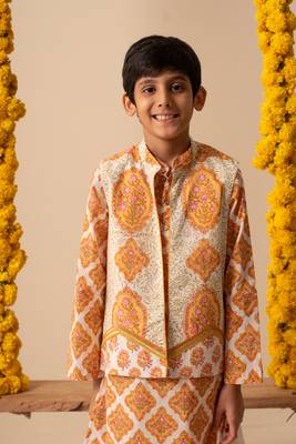 Yellow cotton printed jacket kurta pant 4
