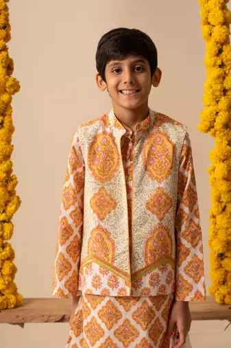Yellow cotton printed jacket kurta pant