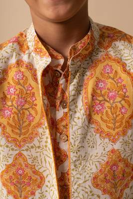 Yellow cotton printed jacket kurta pant 5