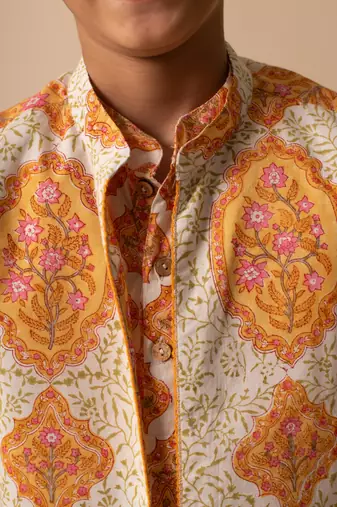 Yellow cotton printed jacket kurta pant