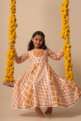 Yellow cotton printed kurta pant dupatta 1