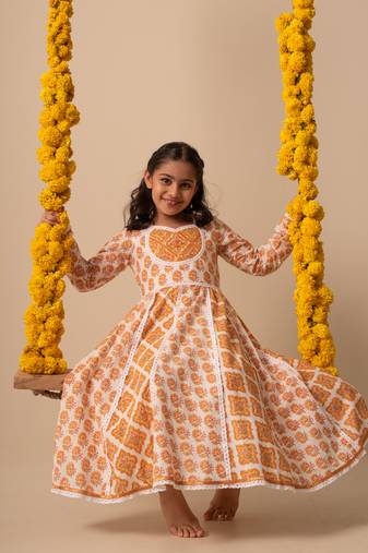 Yellow cotton printed kurta pant dupatta