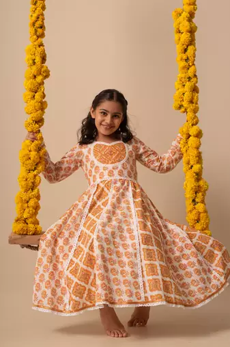 Yellow cotton printed kurta pant dupatta