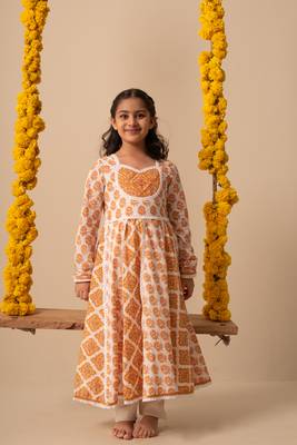 Yellow cotton printed kurta pant dupatta 2