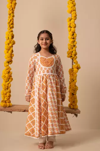 Yellow cotton printed kurta pant dupatta