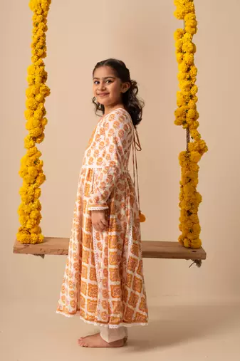 Yellow cotton printed kurta pant dupatta
