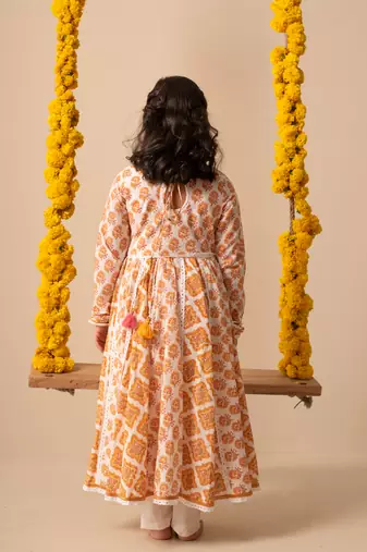 Yellow cotton printed kurta pant dupatta