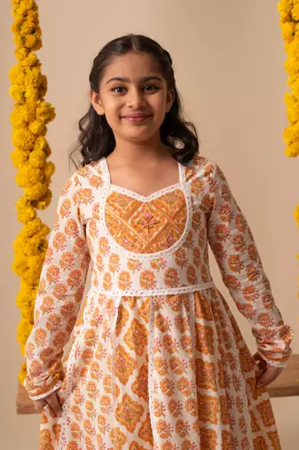 Yellow cotton printed kurta pant dupatta