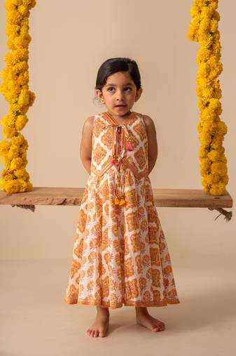 Yellow cotton printed top lehenga dupatta