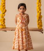 Yellow cotton printed top lehenga dupatta