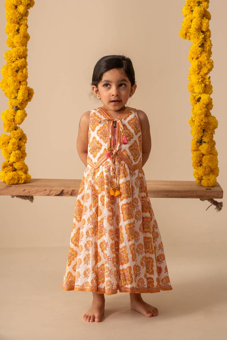 Yellow cotton printed top lehenga dupatta