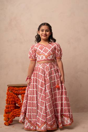 Pink cotton printed top lehenga dupatta