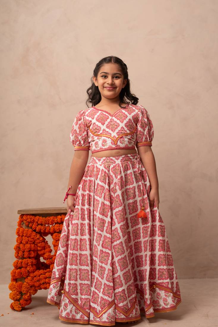 Pink cotton printed top lehenga dupatta