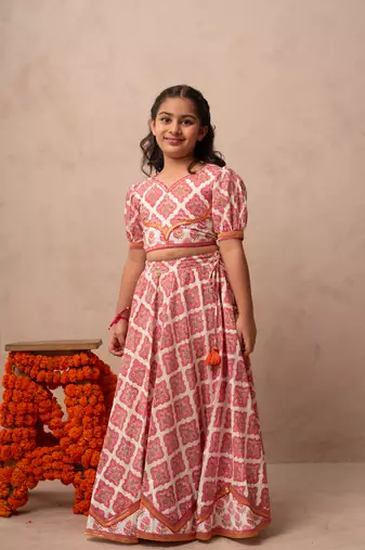 Pink cotton printed top lehenga dupatta