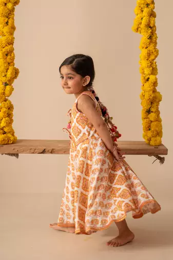 Yellow cotton printed top lehenga dupatta