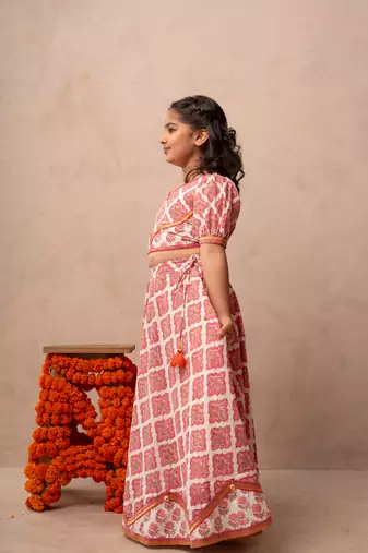 Pink cotton printed top lehenga dupatta