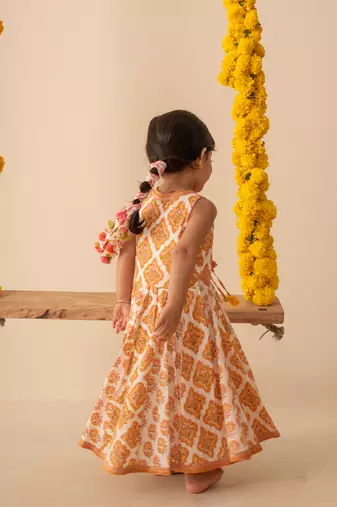 Yellow cotton printed top lehenga dupatta