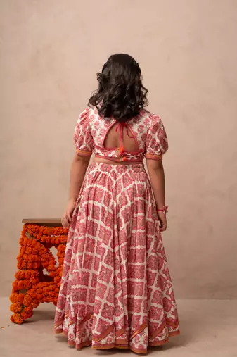 Pink cotton printed top lehenga dupatta