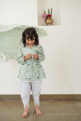 Blue cotton printed angarakha dhoti 1