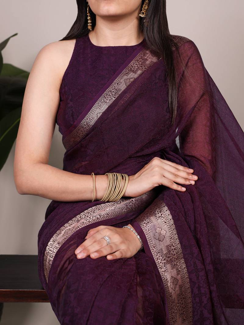 traditional indian poly shimmer saree, detailed zari weaving border 