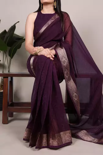 traditional indian poly shimmer saree, detailed zari weaving border 
