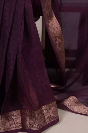 traditional indian poly shimmer saree, detailed zari weaving border 