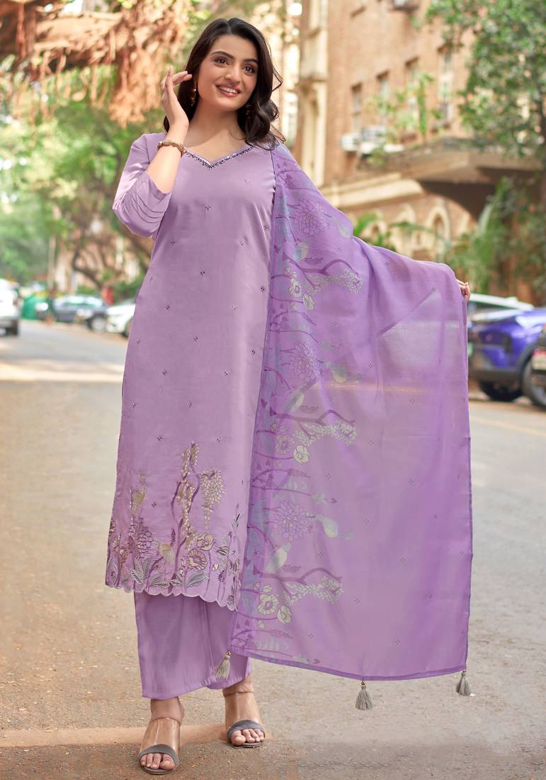 Women Floral Embroidered Regular Roman Slik Kurta with Trousers & Dupatta