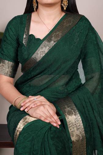 traditional indian poly shimmer saree, detailed zari weaving border 