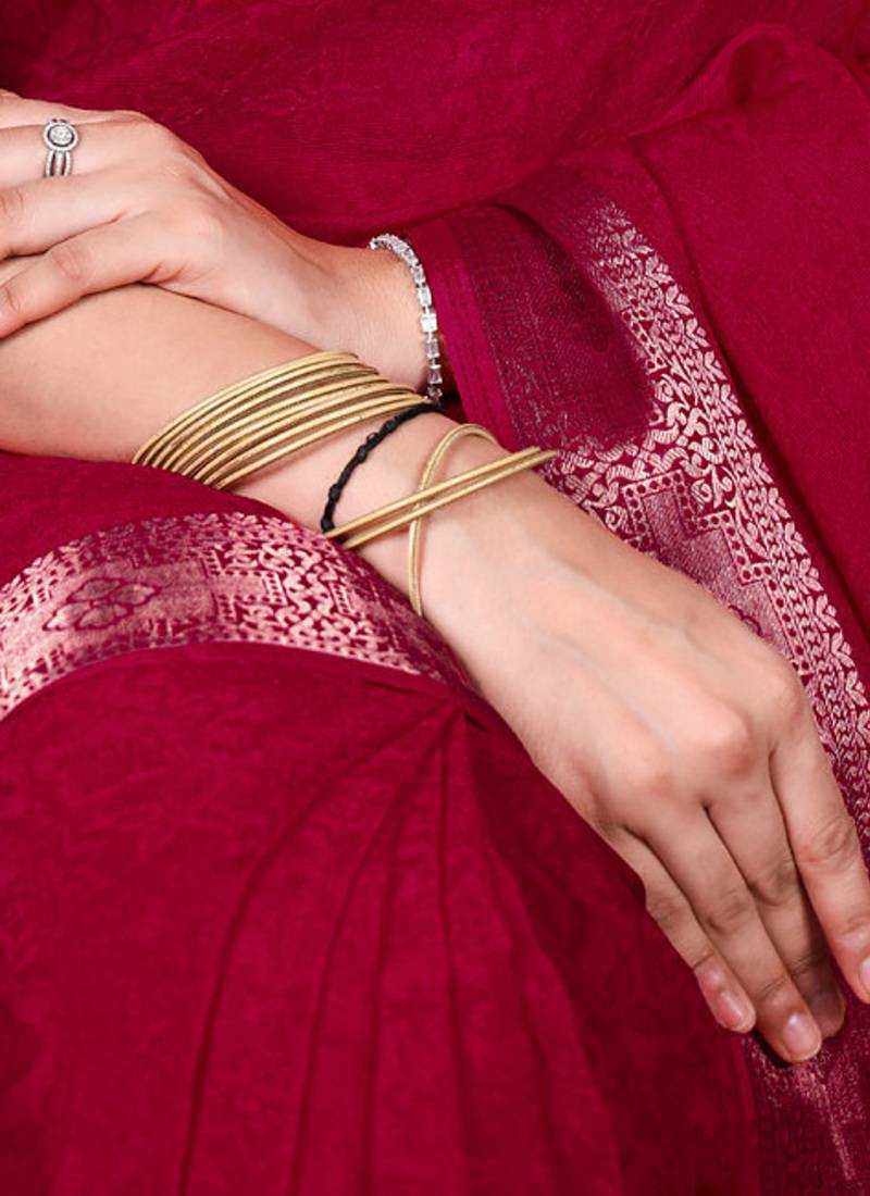 traditional indian poly shimmer saree, detailed zari weaving border 