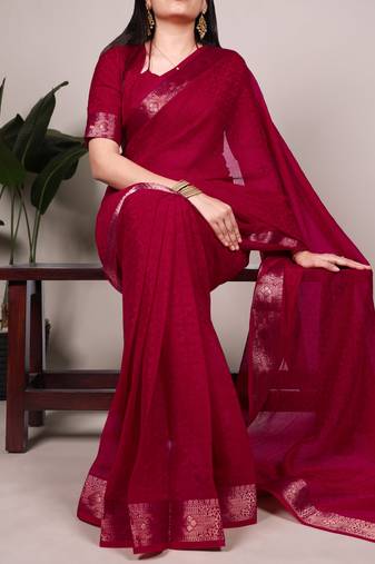 traditional indian poly shimmer saree, detailed zari weaving border 