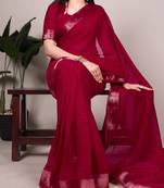 traditional indian poly shimmer saree, detailed zari weaving border 