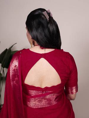 traditional indian poly shimmer saree, detailed zari weaving border  3