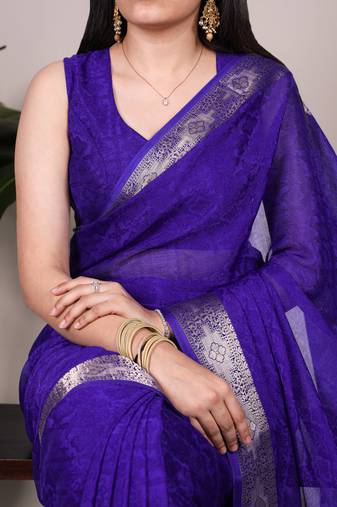 traditional indian poly shimmer saree, detailed zari weaving border 