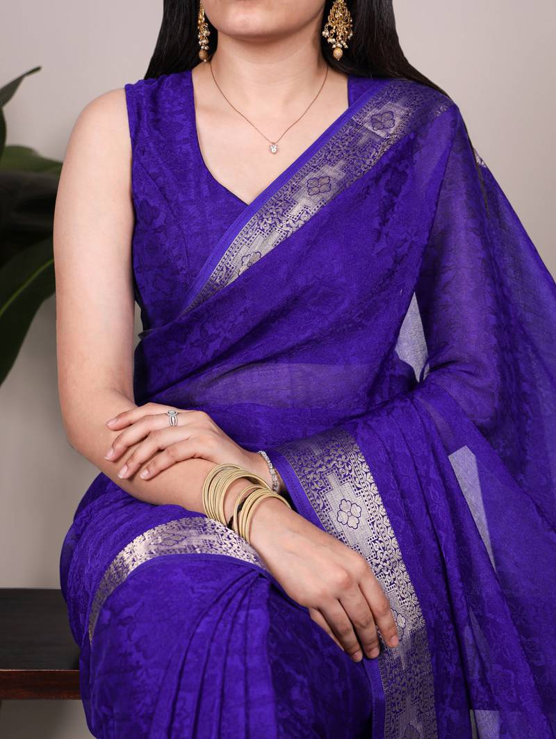 traditional indian poly shimmer saree, detailed zari weaving border 