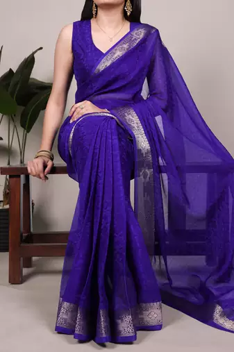 traditional indian poly shimmer saree, detailed zari weaving border 