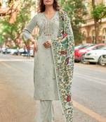 Women Floral Embroidered Regular Roman Slik Kurta with Trousers & Dupatta
